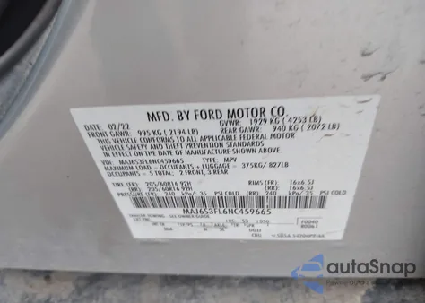 2022 Ford Ecosport S из США, поврежденный, VIN MAJ6S3FL6NC459665